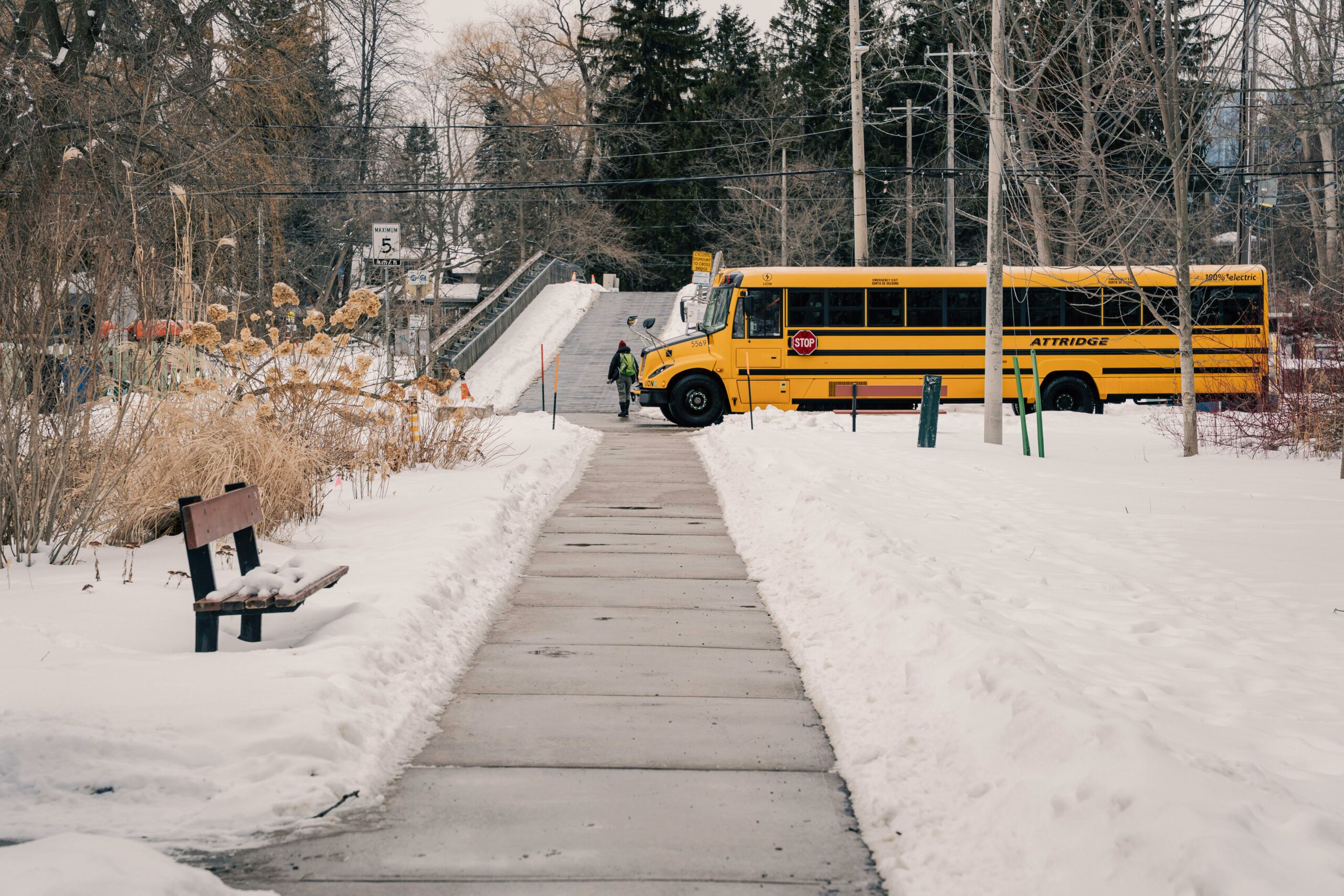 Yellow school bus parked along a snowy path in a winter landscape with bare trees.